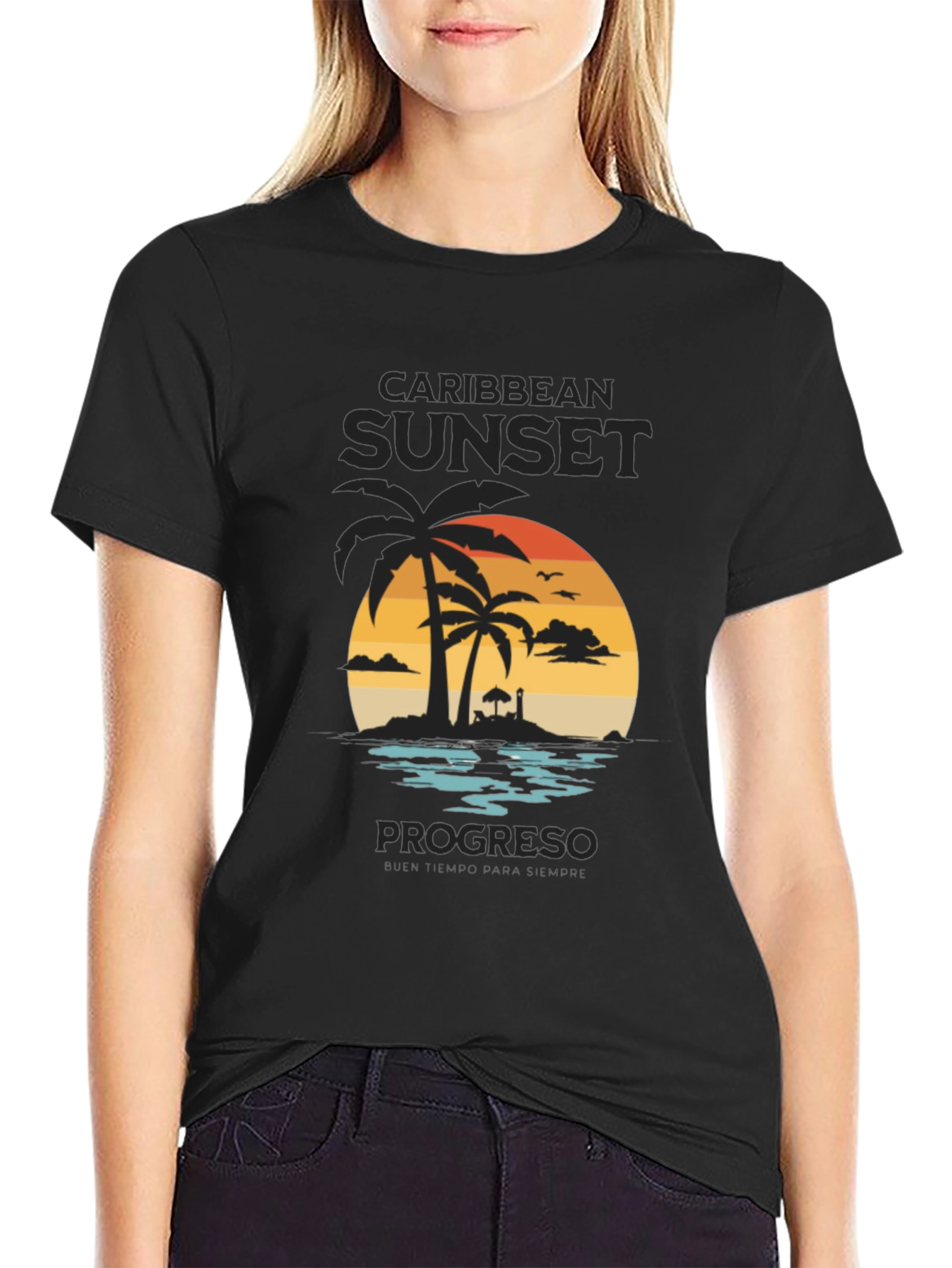 Caribbean Sunset Mens Black Graphic T-Shirt