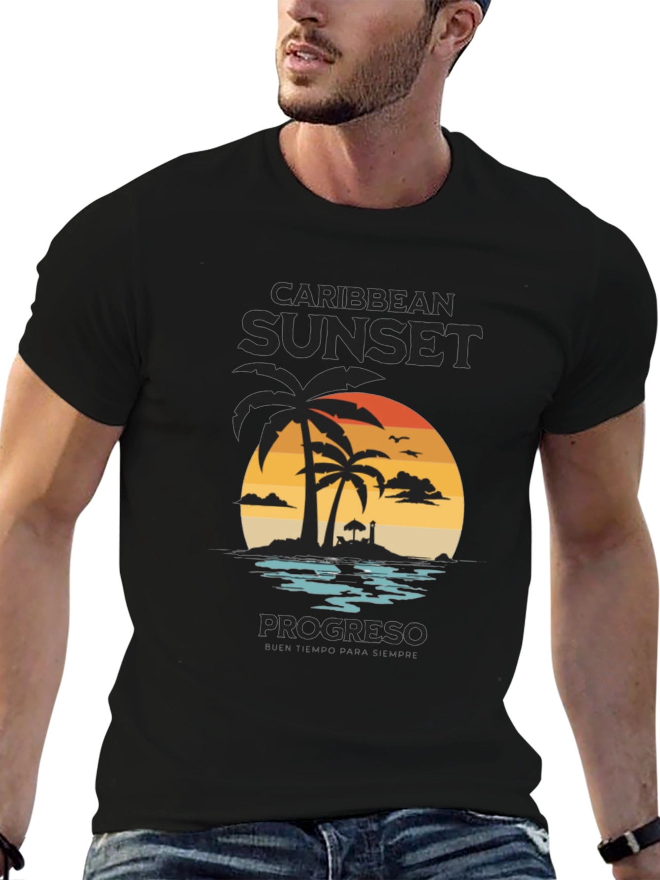 Caribbean Sunset Mens Black Graphic T-Shirt