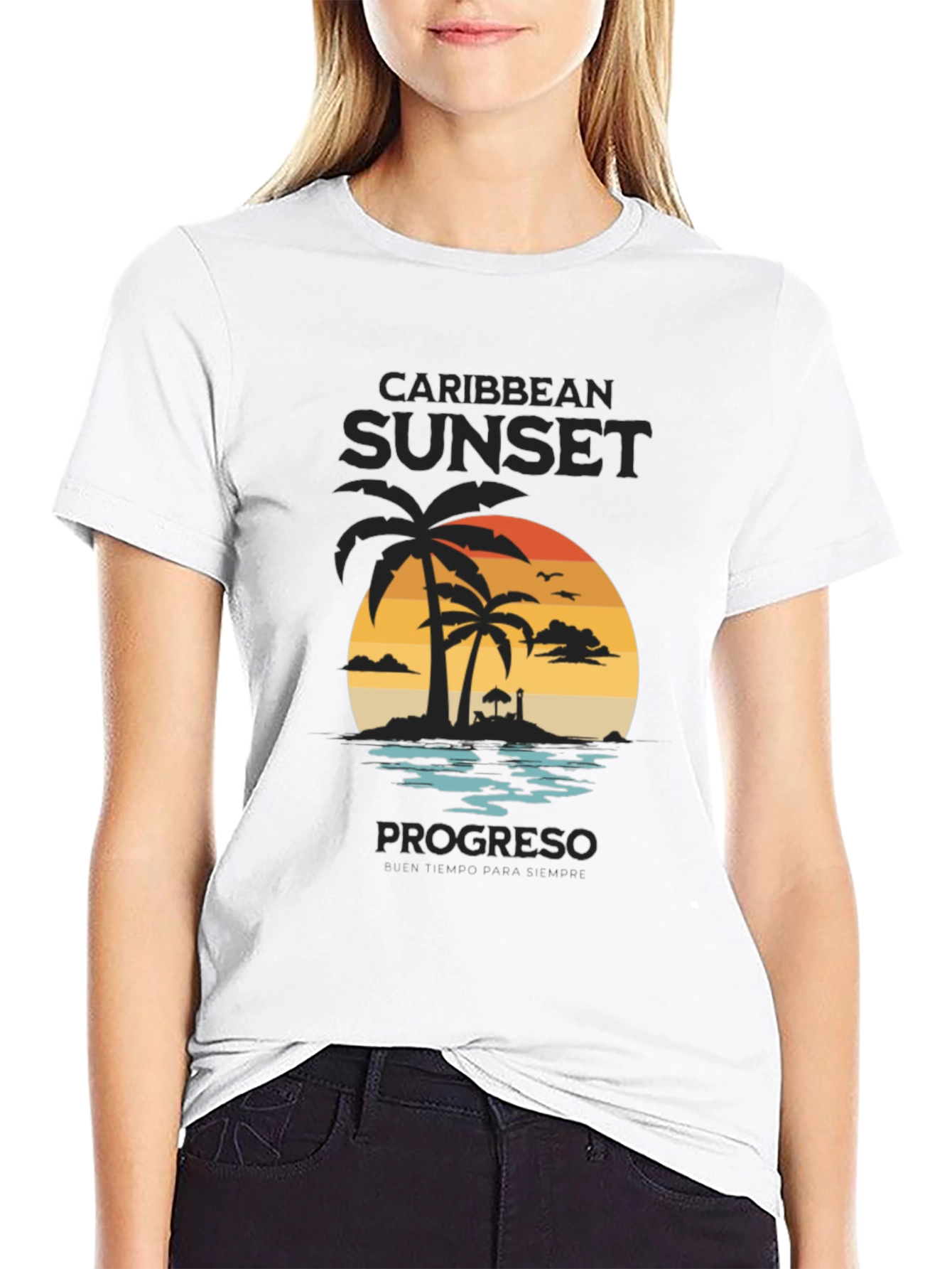 Caribbean Sunset Mens Black Graphic T-Shirt