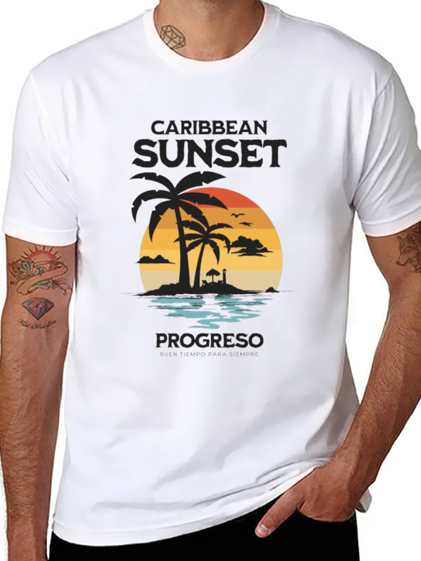 Caribbean Sunset Mens Black Graphic T-Shirt