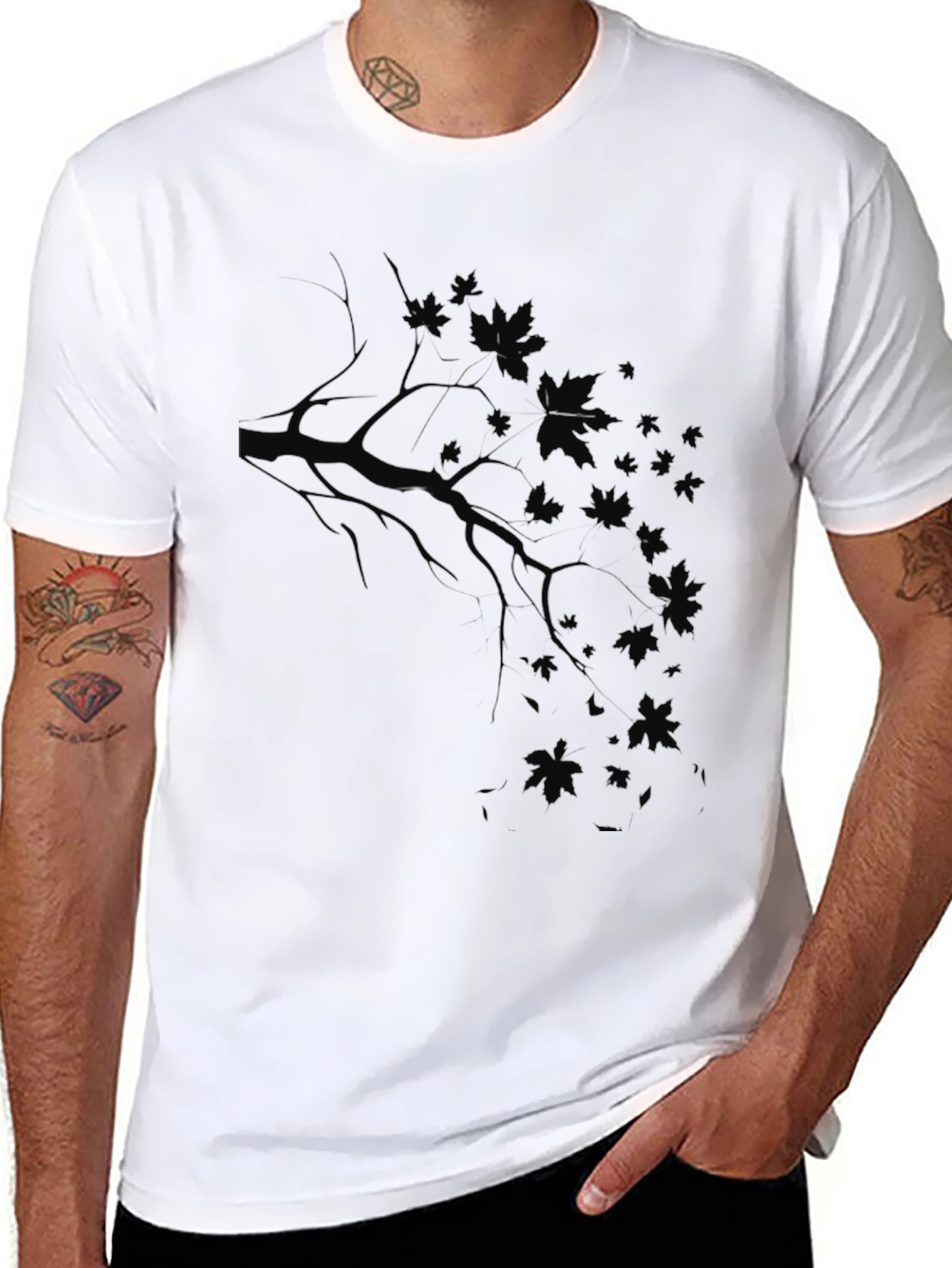 Mens Black T-Shirt with Branch and Leaf Design