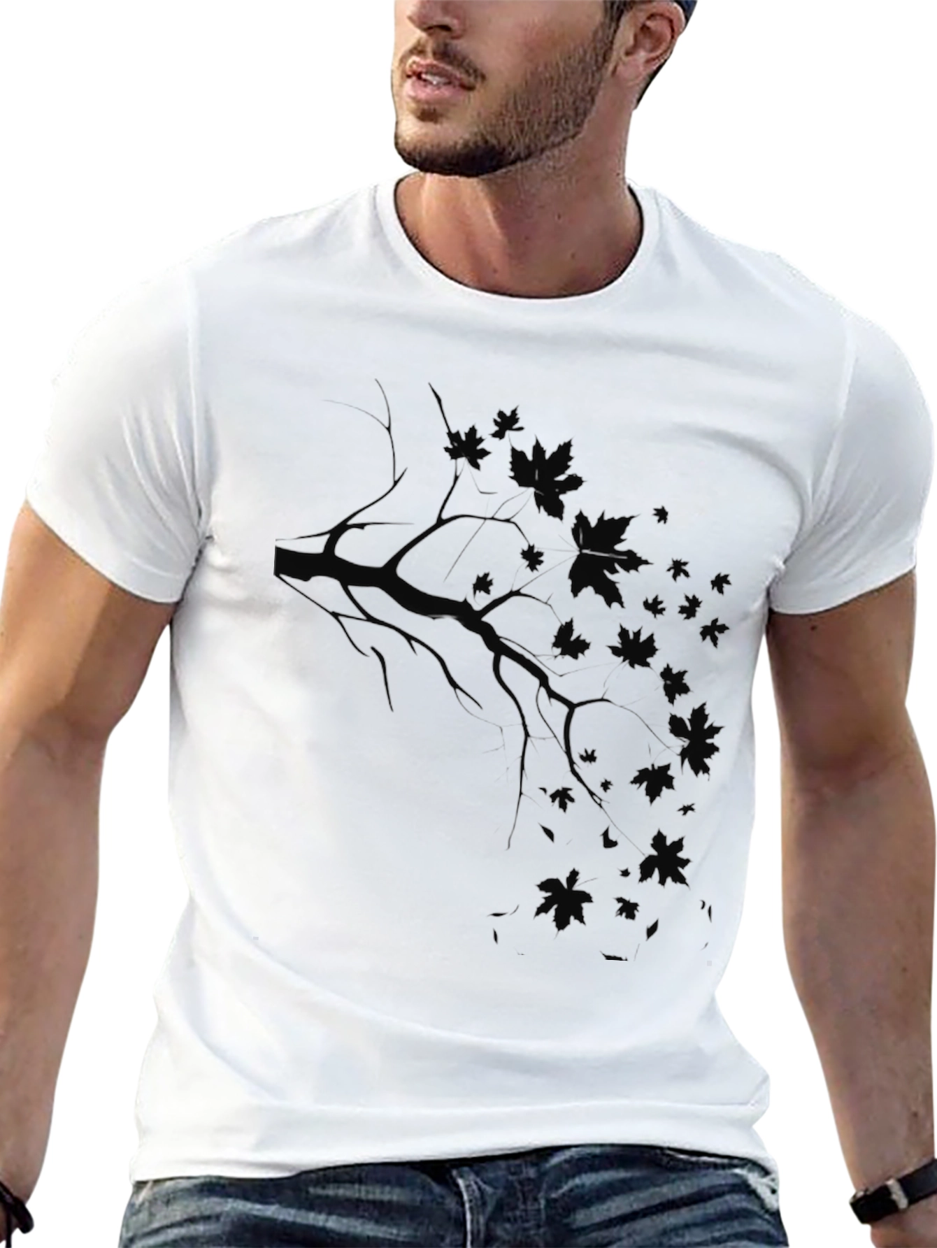 Mens Black T-Shirt with Branch and Leaf Design