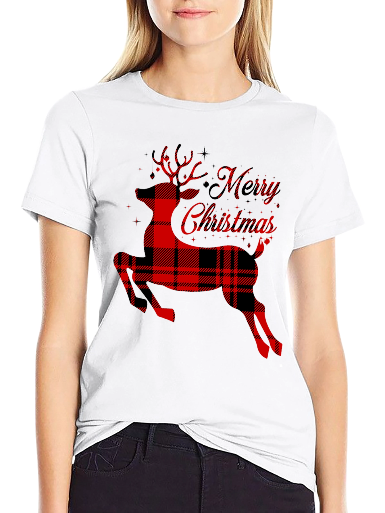 Plaid Reindeer Merry Christmas T-Shirt