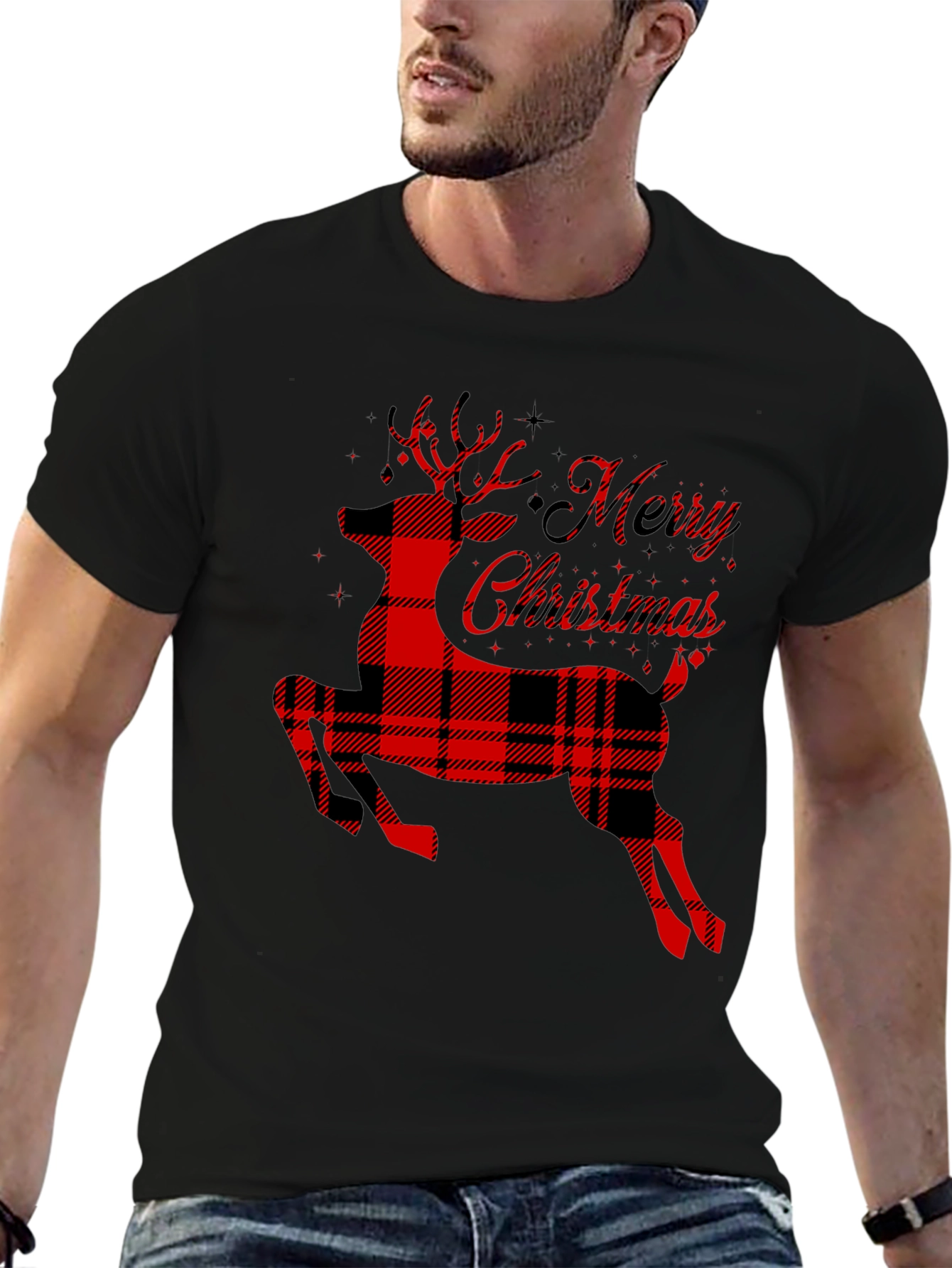 Plaid Reindeer Merry Christmas T-Shirt