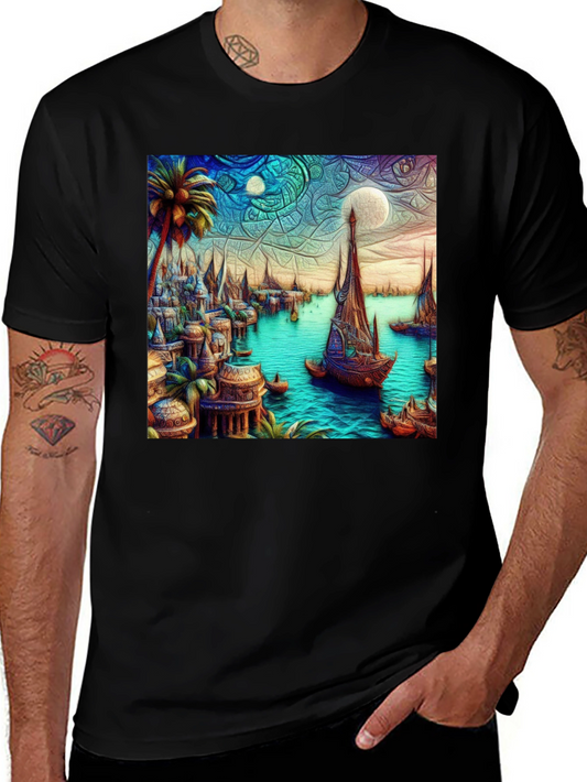 Exotic Seafront Town Graphic Tee - Stylish Comfort