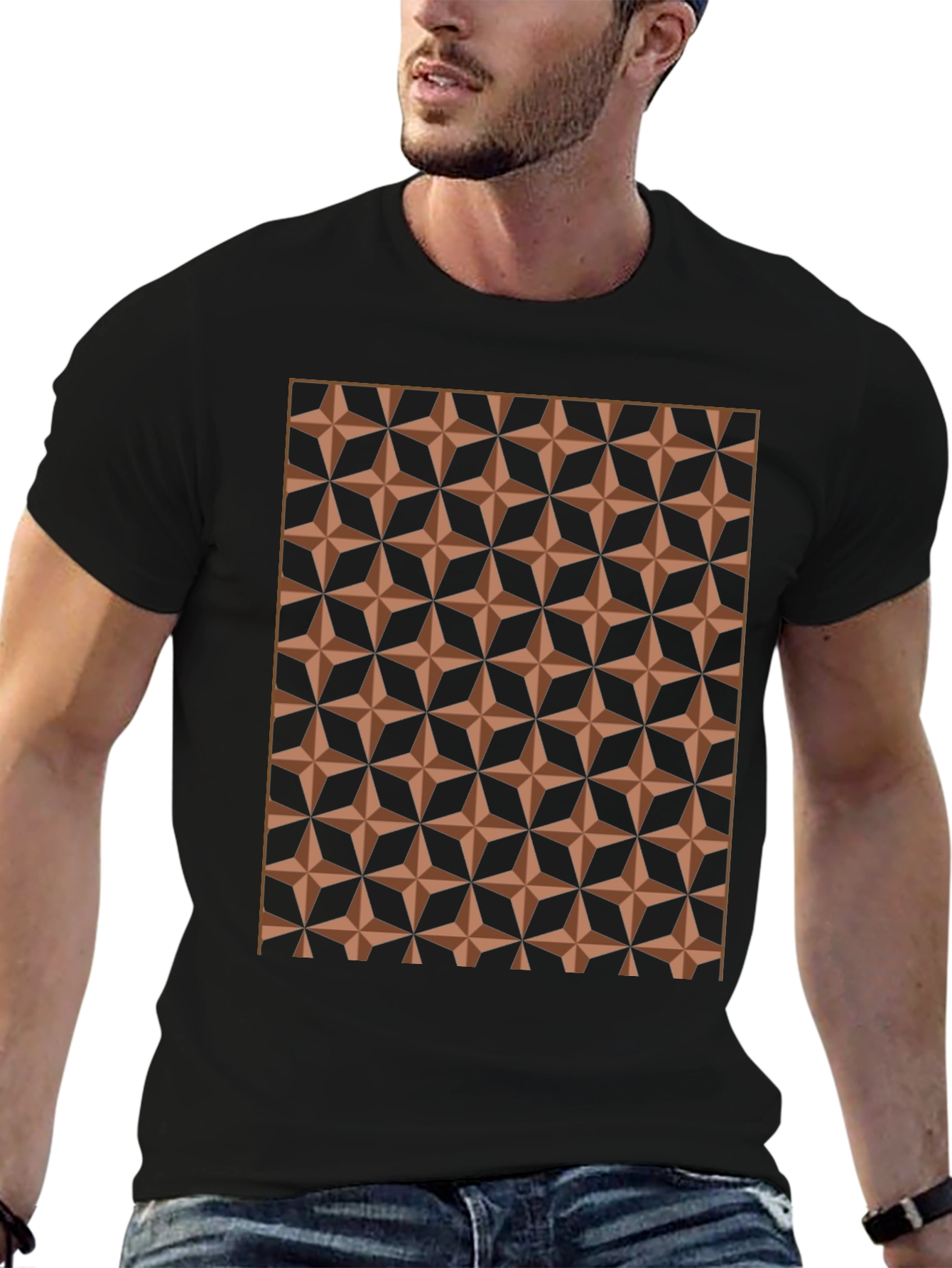 Geometric Star Pattern Black T-Shirt