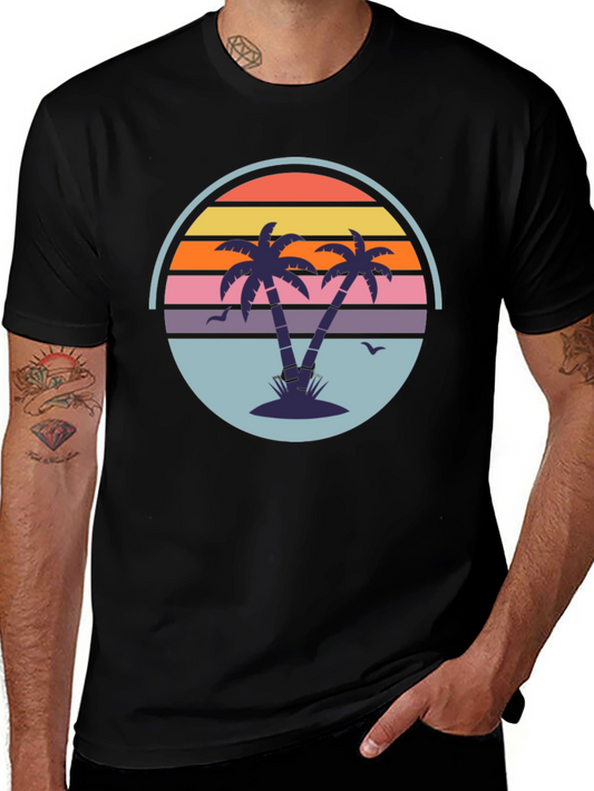 Retro Sunset Palm Tree Graphic Tee - Mens Black T-Shirt