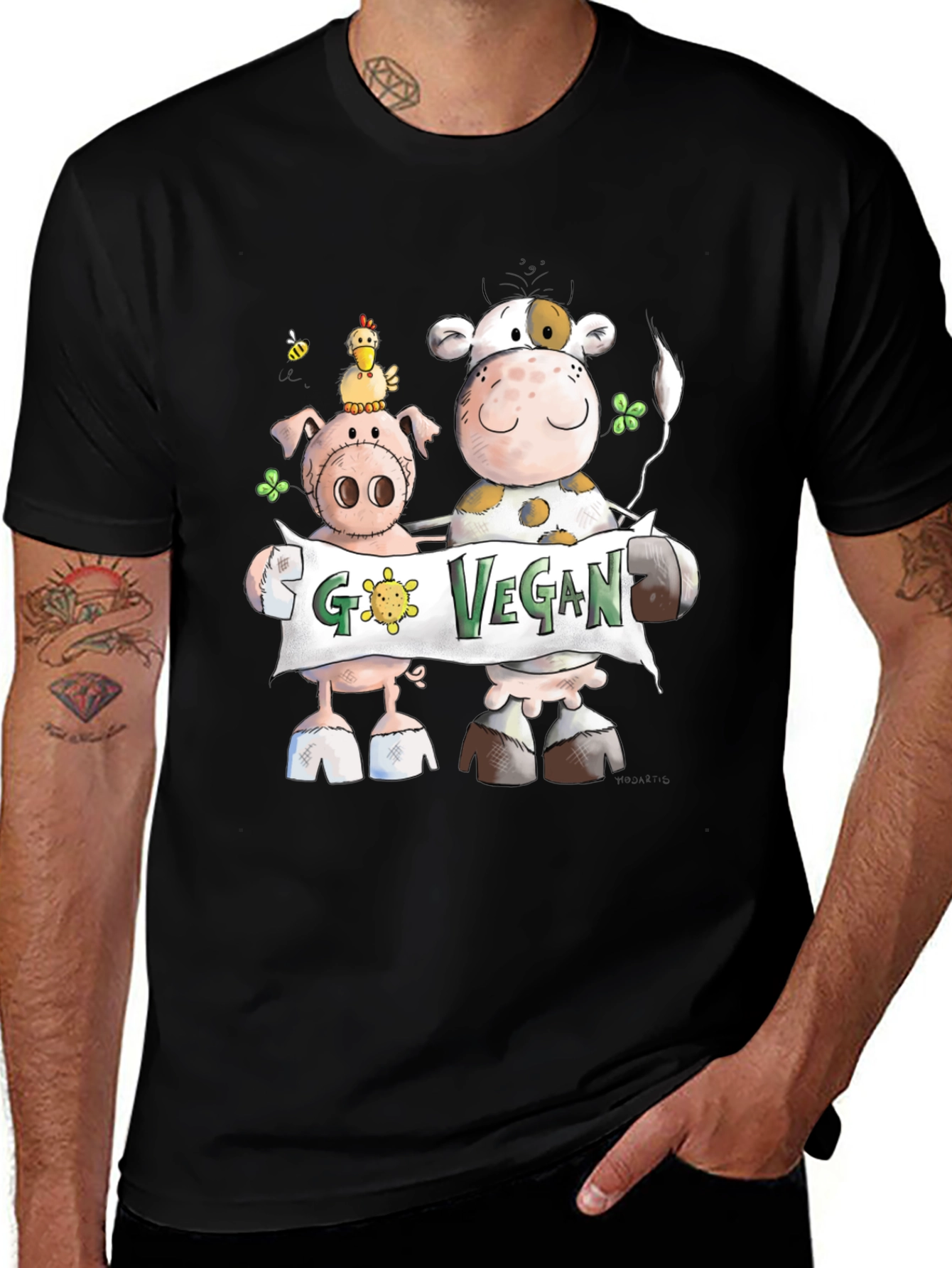 Go Vegan Tee: Cartoon Animal Graphic