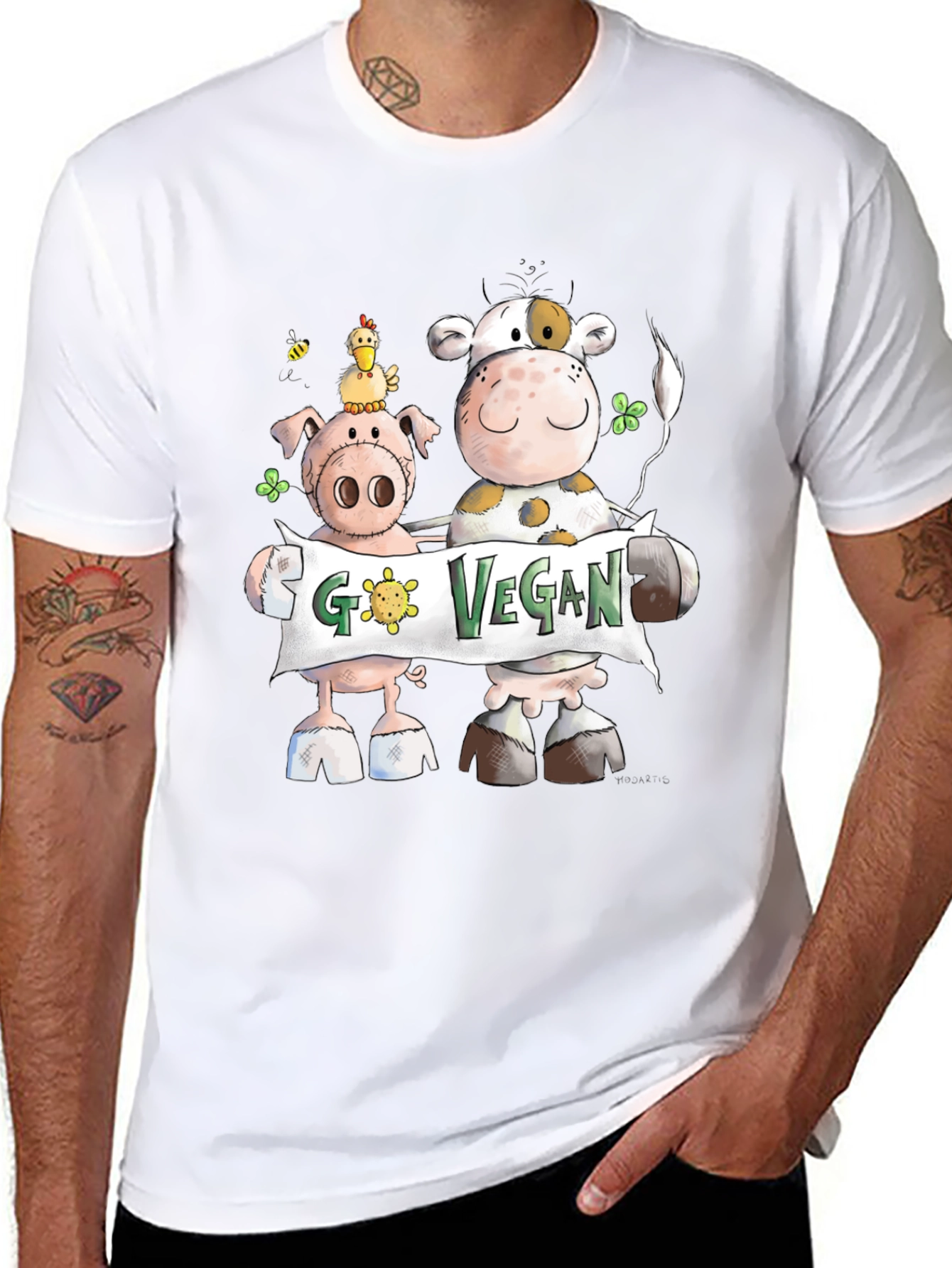 Go Vegan Tee: Cartoon Animal Graphic