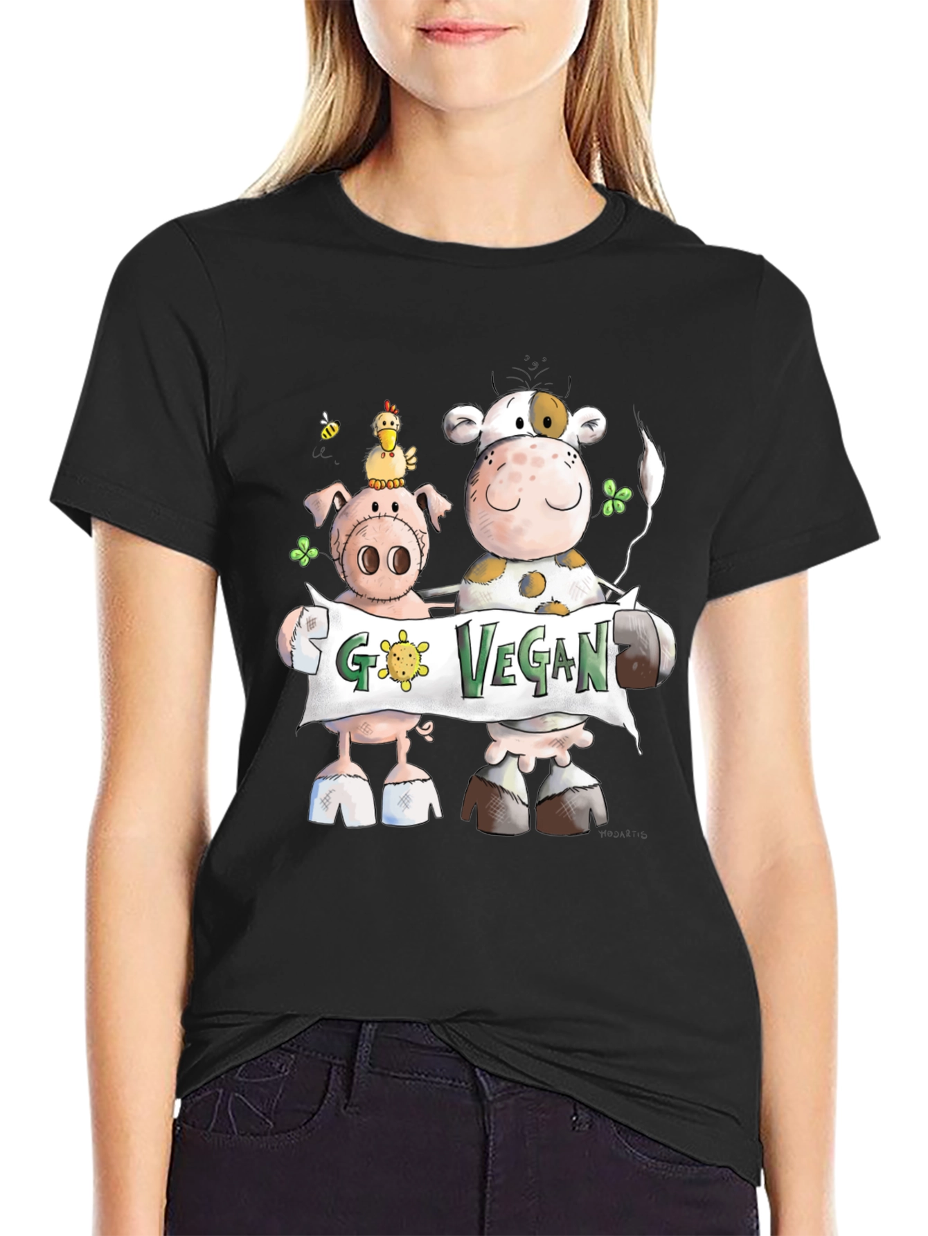 Go Vegan Tee: Cartoon Animal Graphic