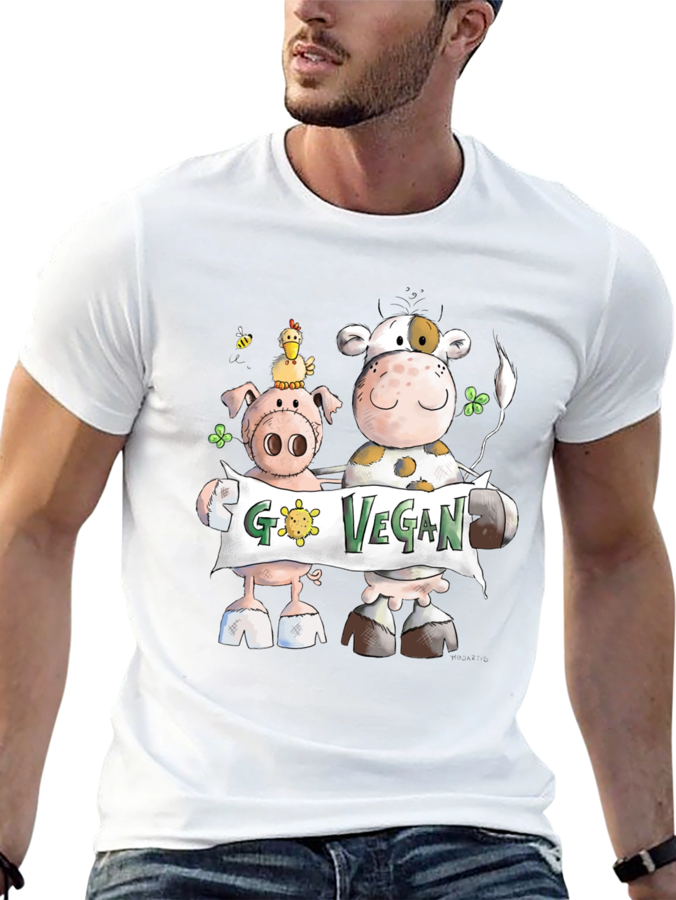 Go Vegan Tee: Cartoon Animal Graphic