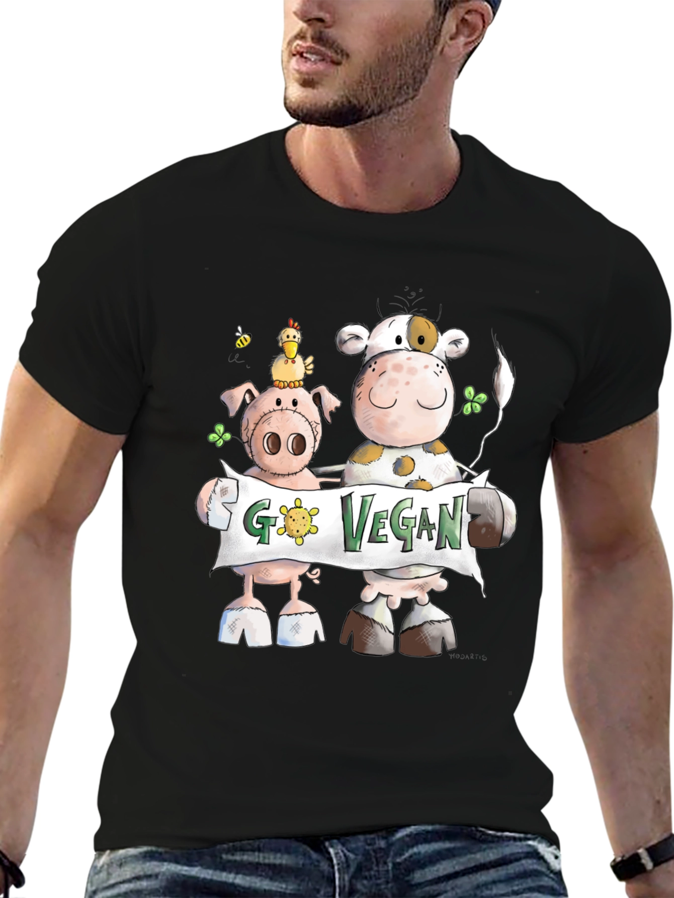 Go Vegan Tee: Cartoon Animal Graphic