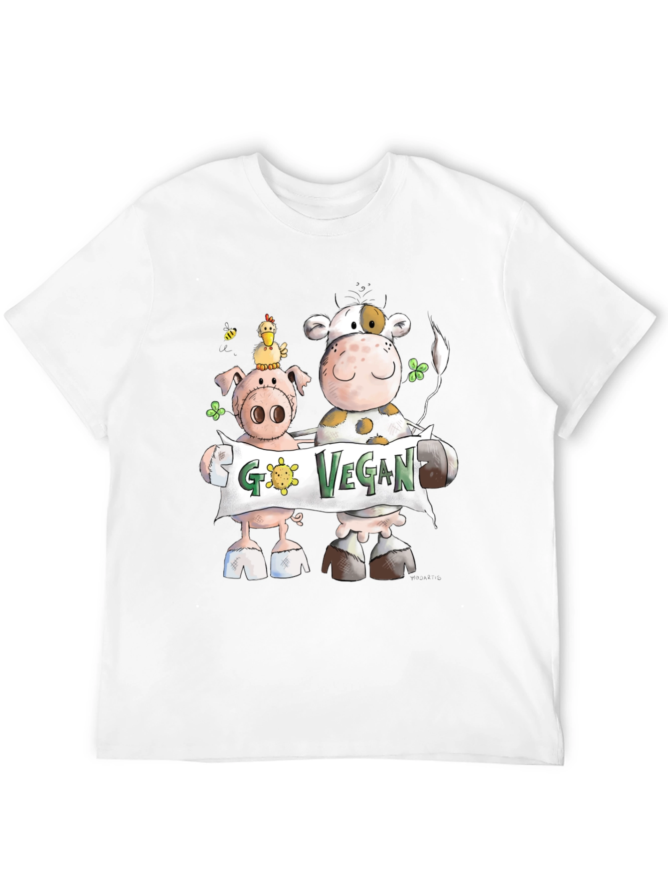 Go Vegan Tee: Cartoon Animal Graphic
