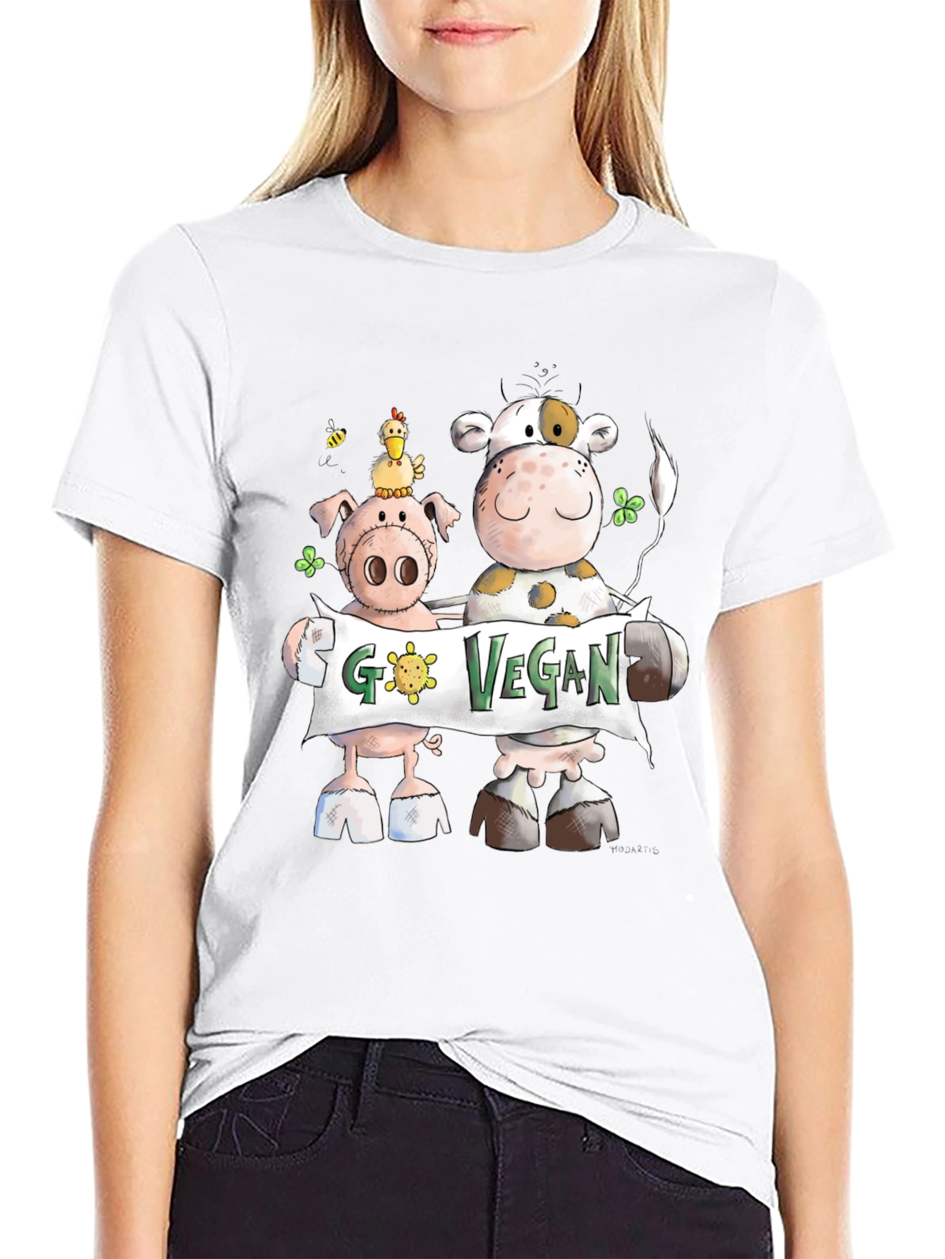 Go Vegan Tee: Cartoon Animal Graphic
