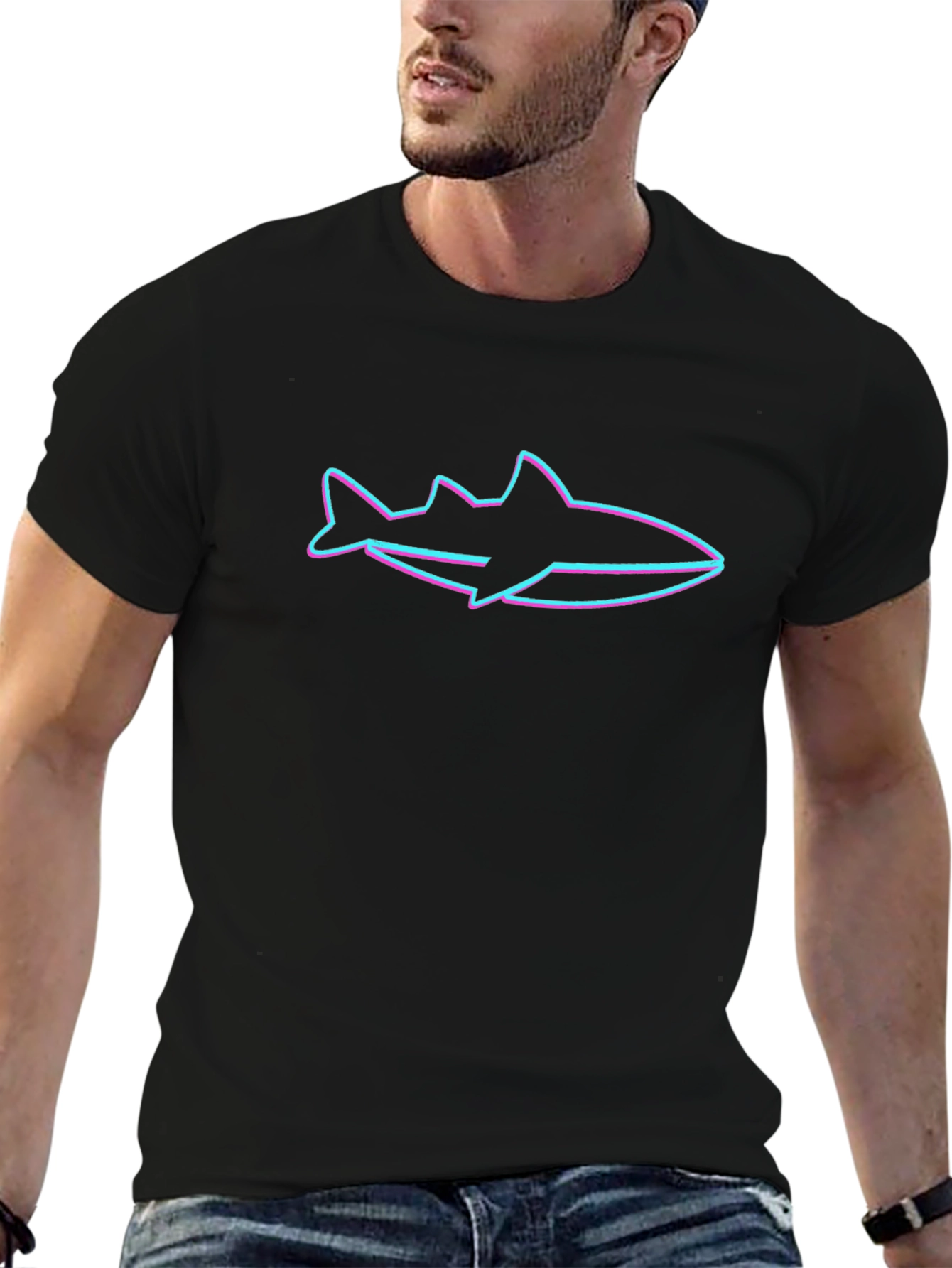 Neon Shark Outline Graphic Black T-Shirt