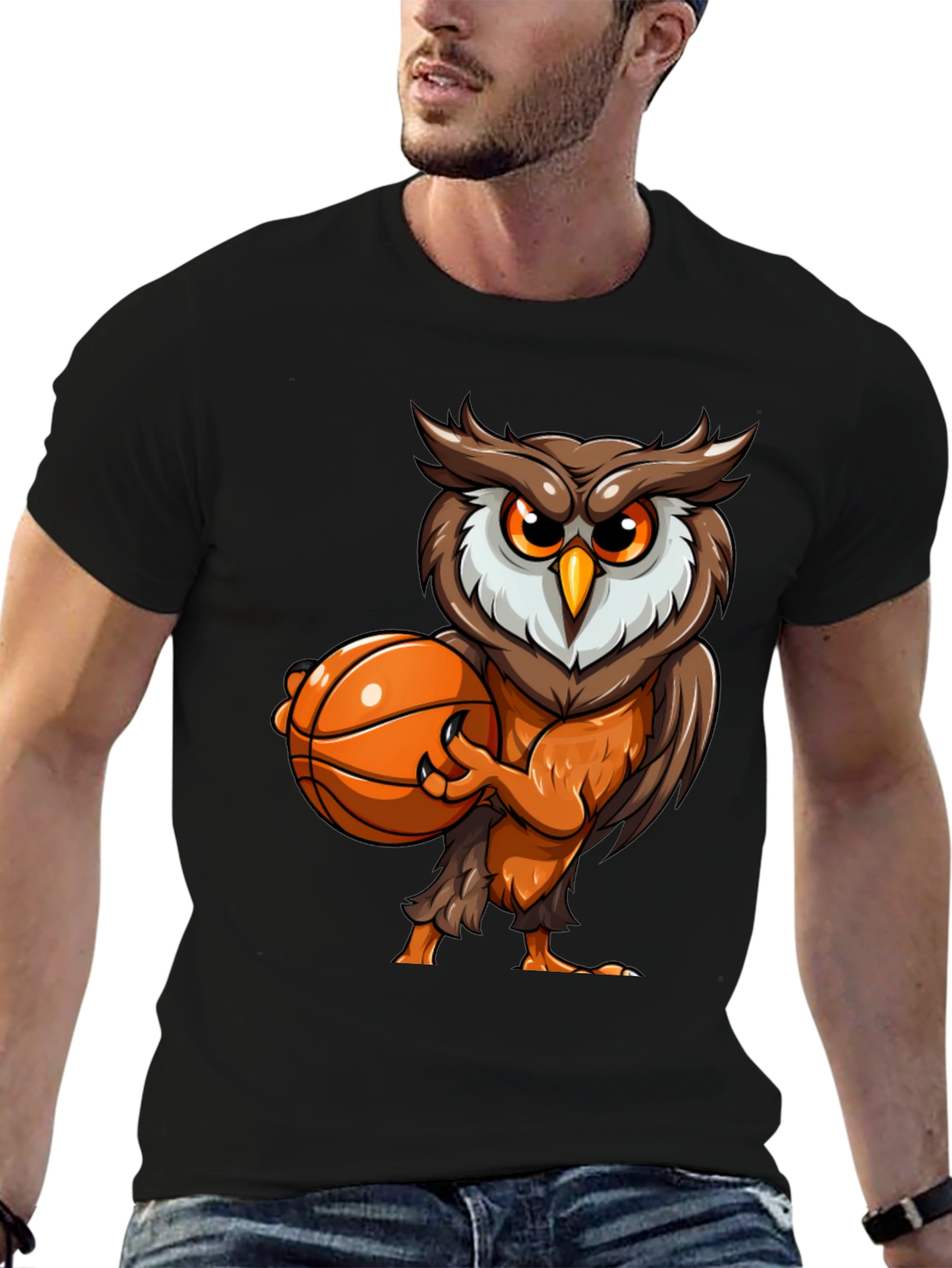 Owl Basketball Graphic Tee - Black Cotton T-Shirt