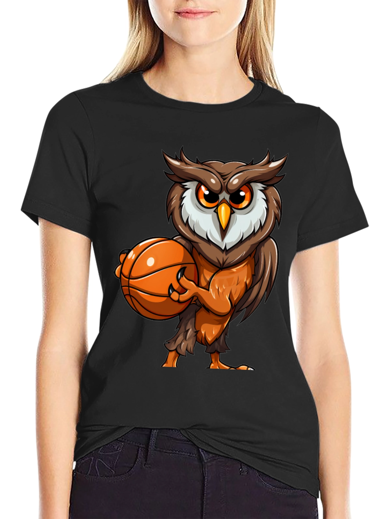 Owl Basketball Graphic Tee - Black Cotton T-Shirt
