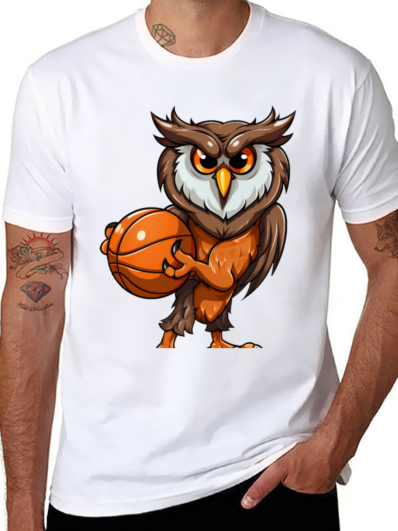 Owl Basketball Graphic Tee - Black Cotton T-Shirt