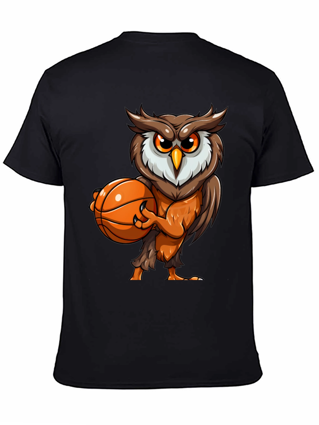 Owl Basketball Graphic Tee - Black Cotton T-Shirt