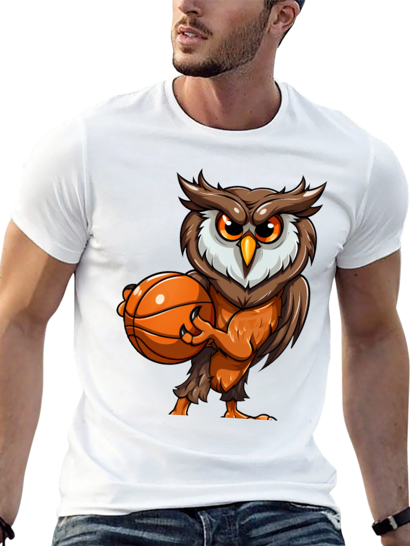 Owl Basketball Graphic Tee - Black Cotton T-Shirt