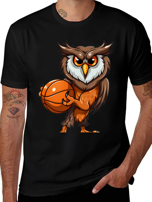 Owl Basketball Graphic Tee - Black Cotton T-Shirt