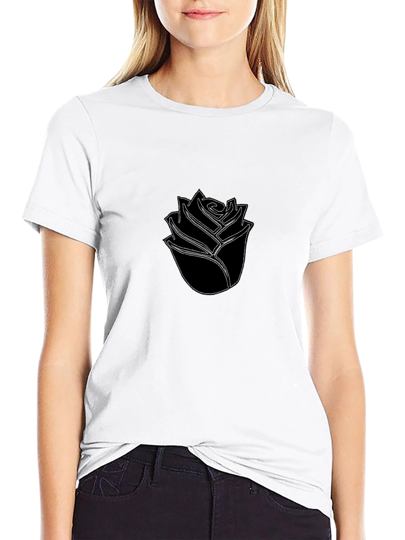 Black T-Shirt with Minimalist Rose Design