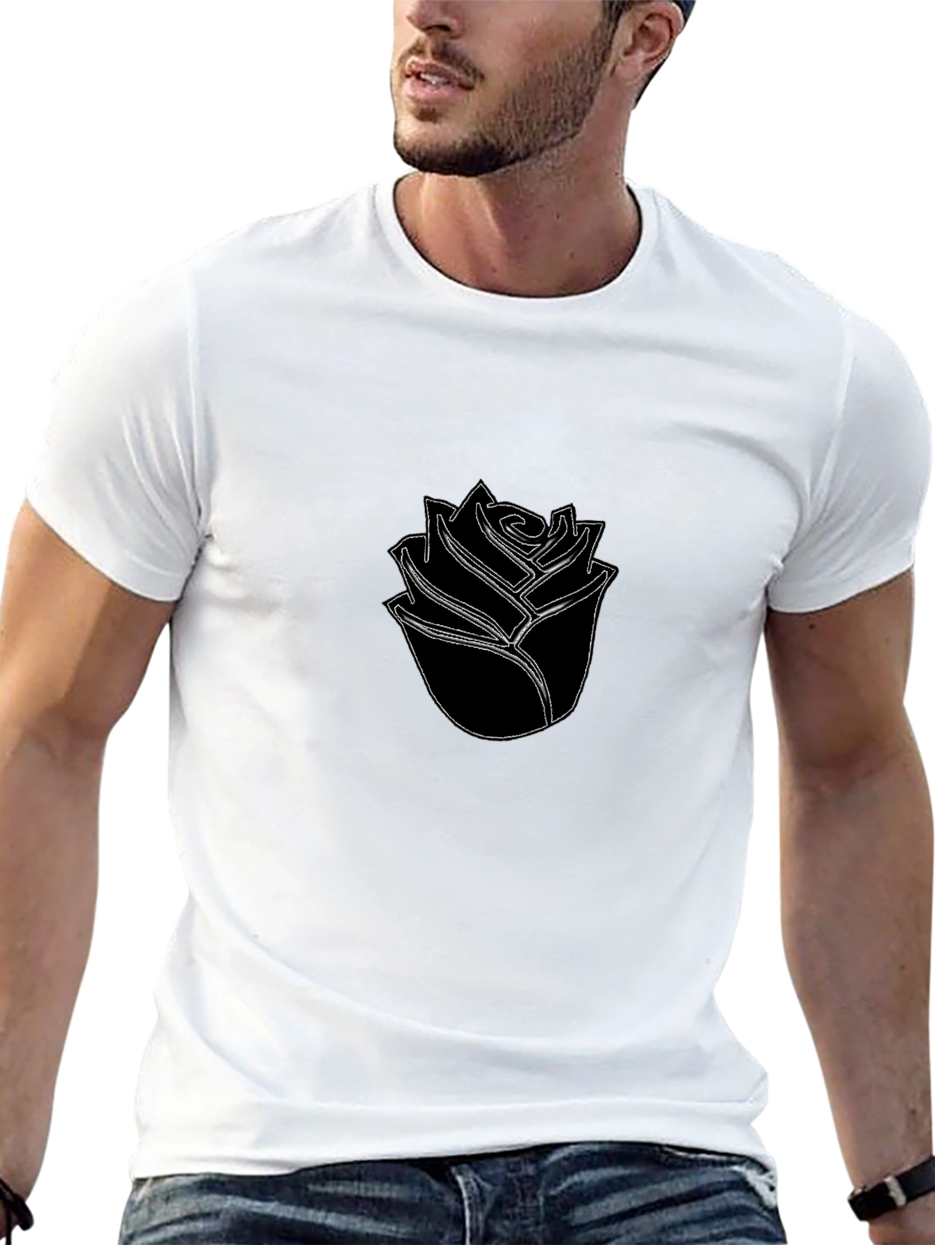 Black T-Shirt with Minimalist Rose Design