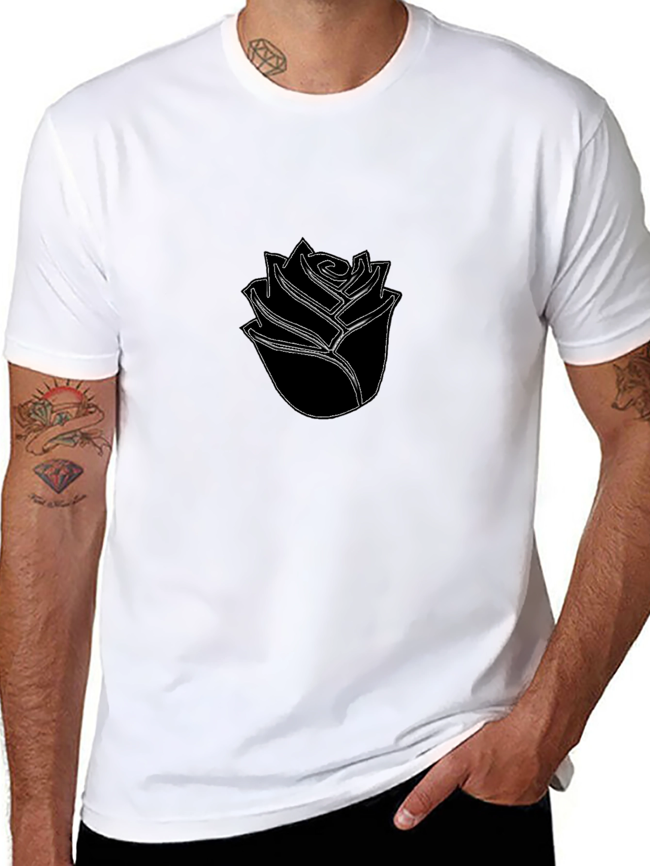 Black T-Shirt with Minimalist Rose Design