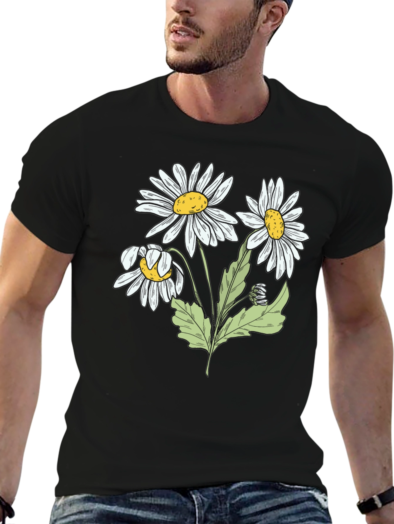 Daisy Flower Graphic Black T-Shirt