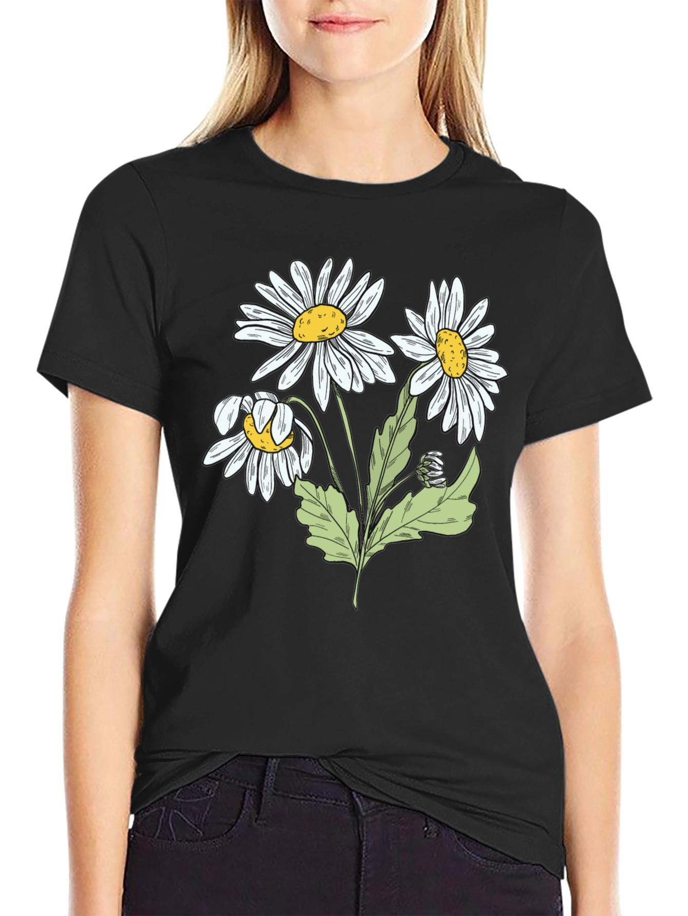 Daisy Flower Graphic Black T-Shirt