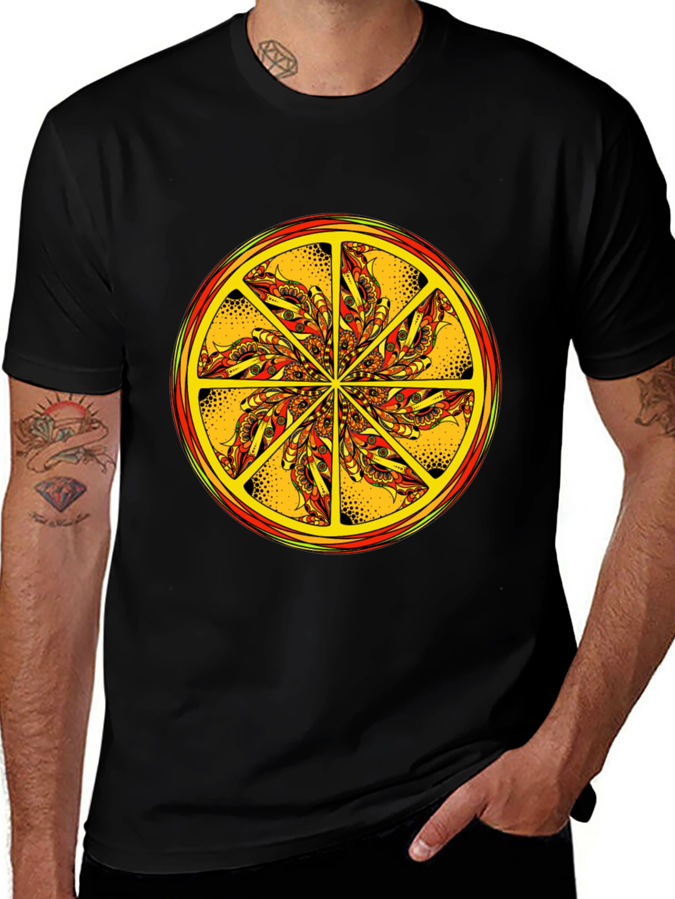 Vibrant Mandala Graphic Tee - Black Cotton Blend