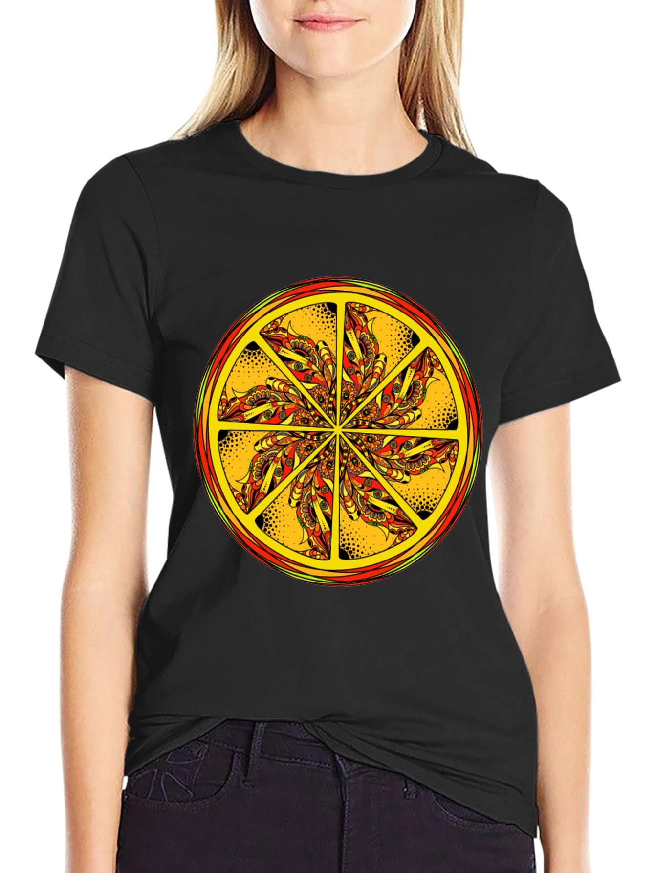 Vibrant Mandala Graphic Tee - Black Cotton Blend