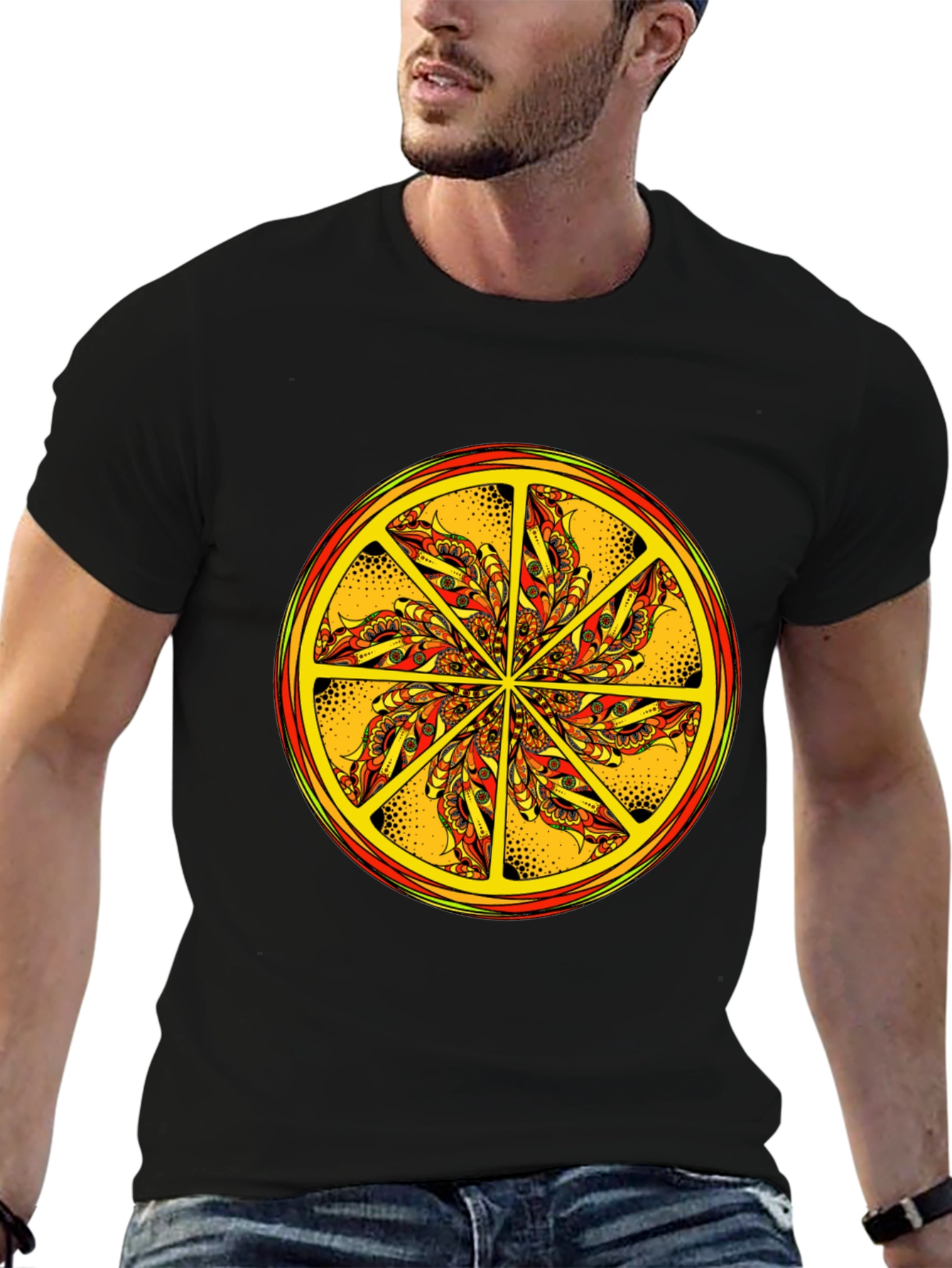 Vibrant Mandala Graphic Tee - Black Cotton Blend