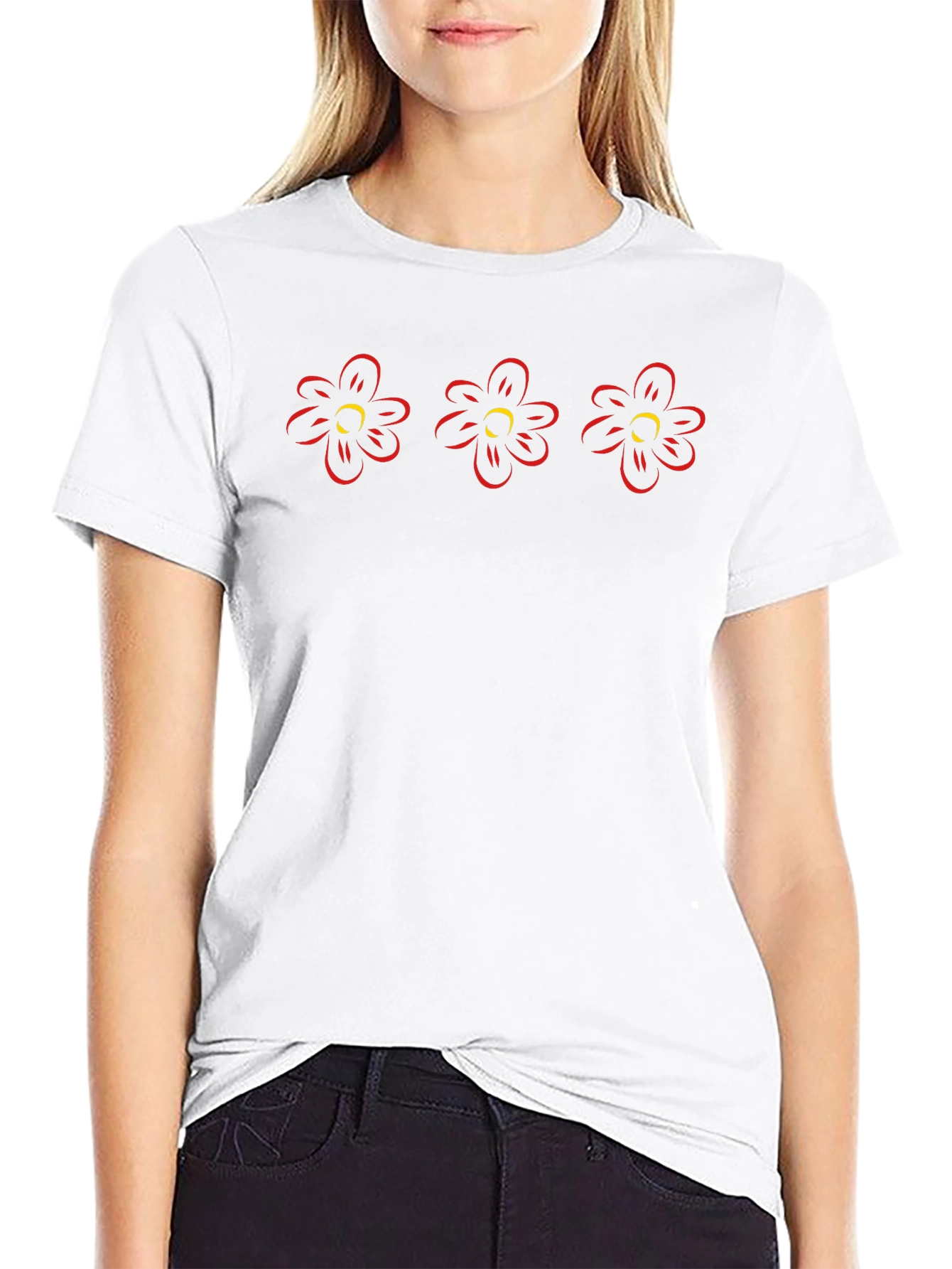Black T-Shirt with Red and Yellow Flower Design