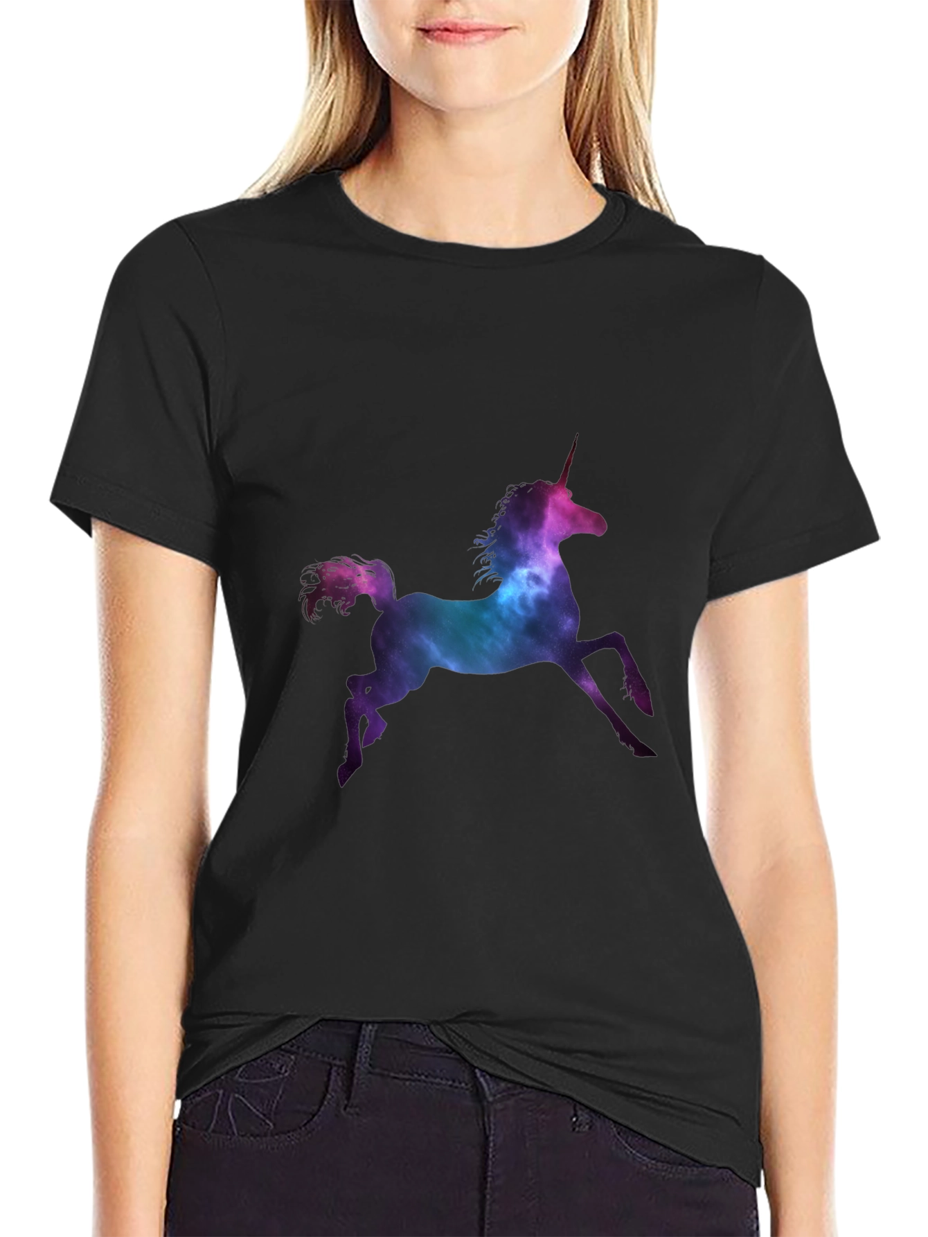 Unicorn Galaxy Print Black T-Shirt