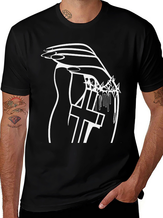 Graphic Print Black T-Shirt: Cross & Crown of Thorns