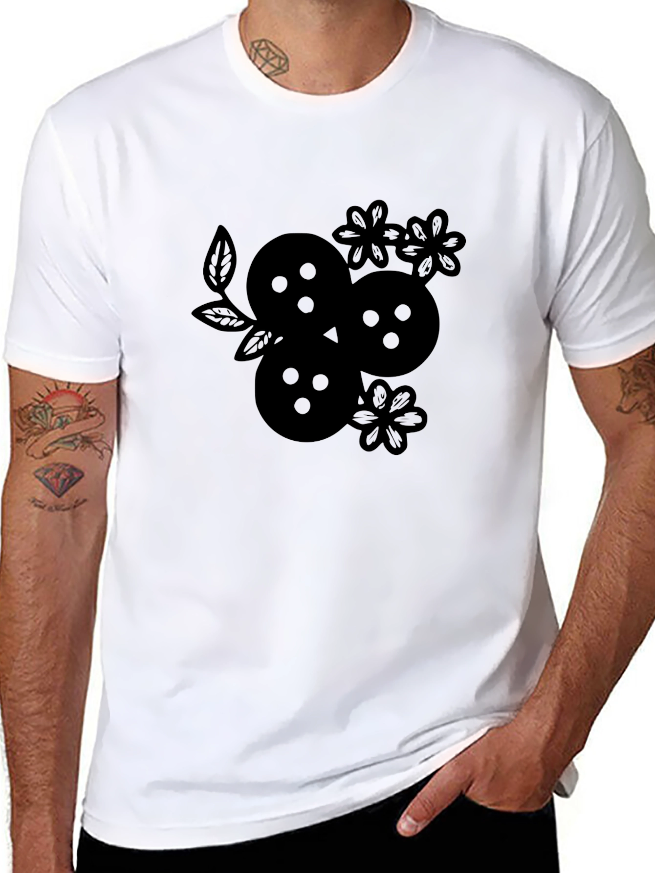 Black Graphic Tee - Floral Fruit Design