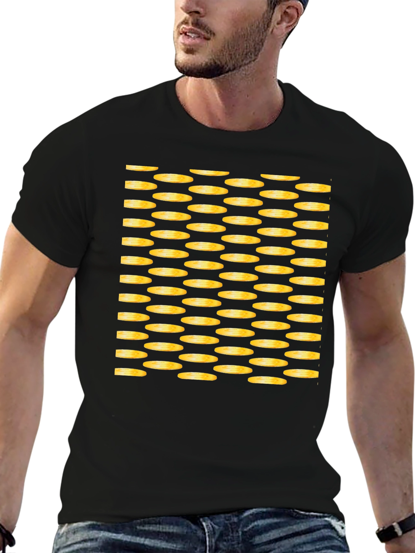 Gold Coin Patterned Black T-Shirt