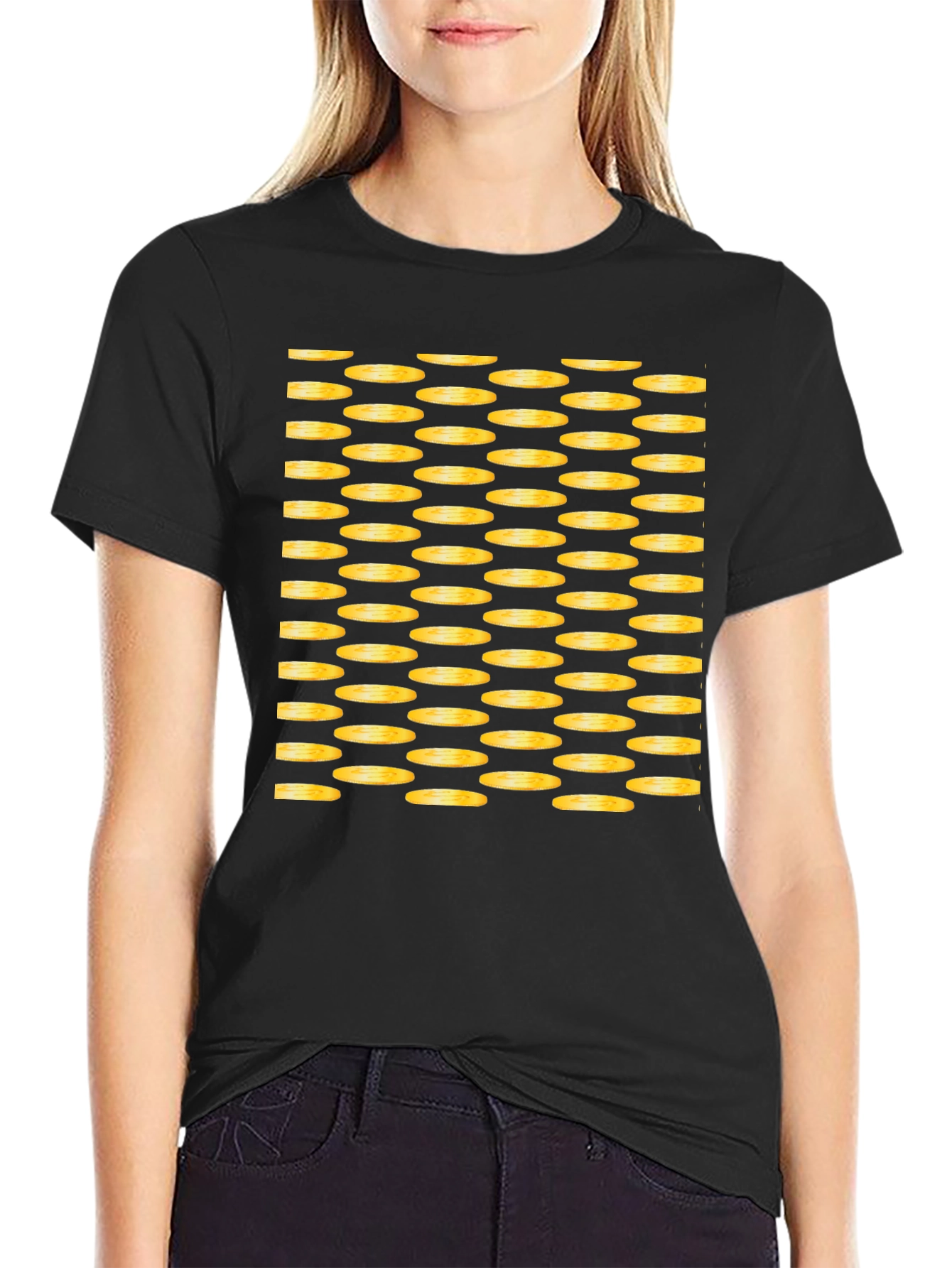 Gold Coin Patterned Black T-Shirt