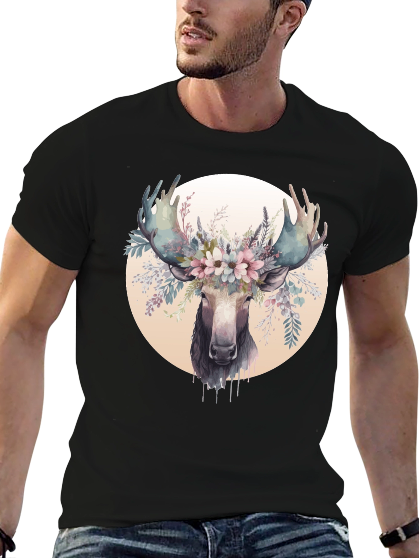 Moose Floral Crown Black Graphic Tee