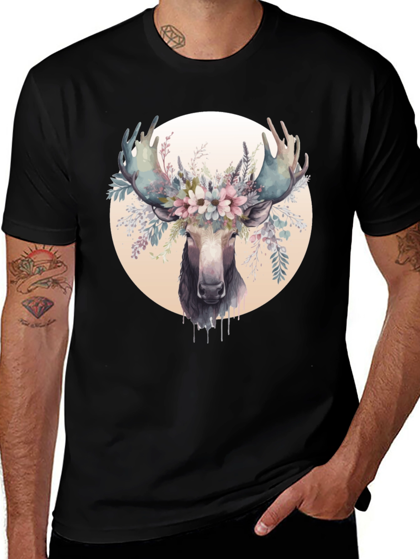 Moose Floral Crown Black Graphic Tee