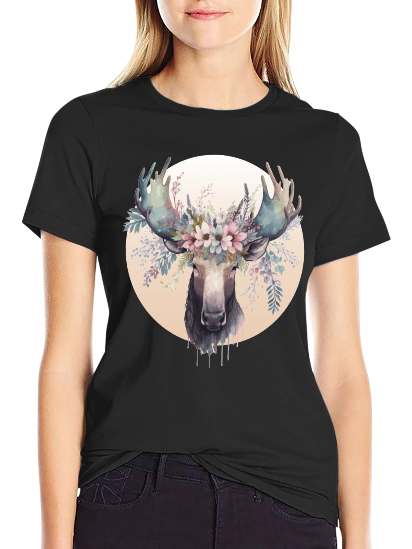 Moose Floral Crown Black Graphic Tee