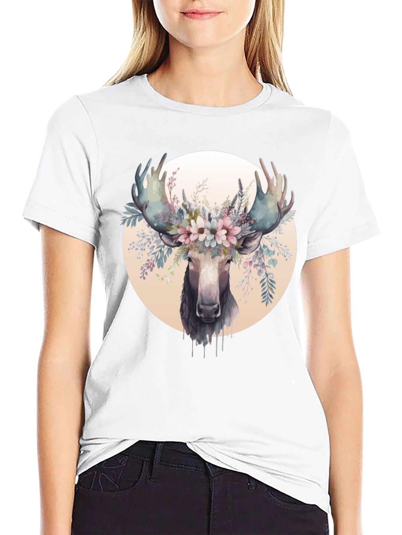 Moose Floral Crown Black Graphic Tee