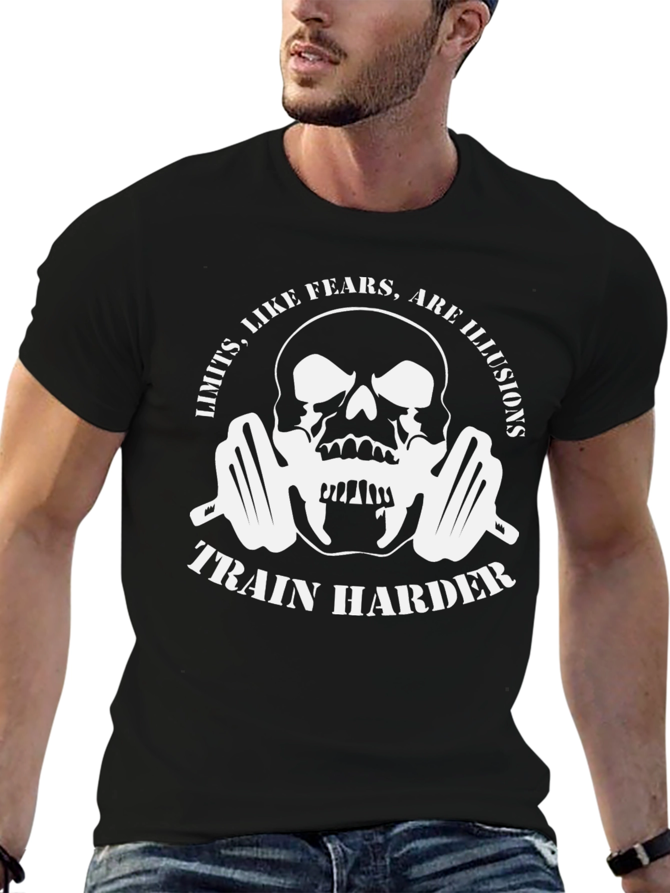 Train Harder Graphic T-Shirt - Skull & Barbell Design