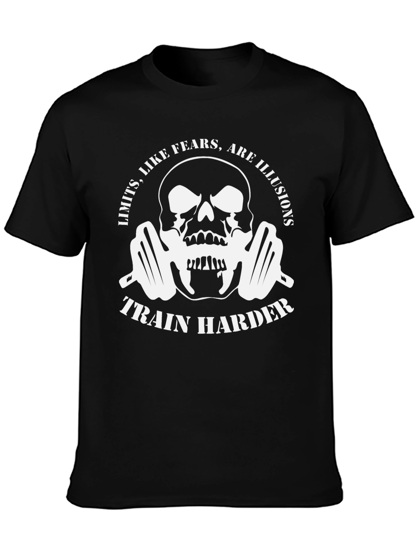Train Harder Graphic T-Shirt - Skull & Barbell Design