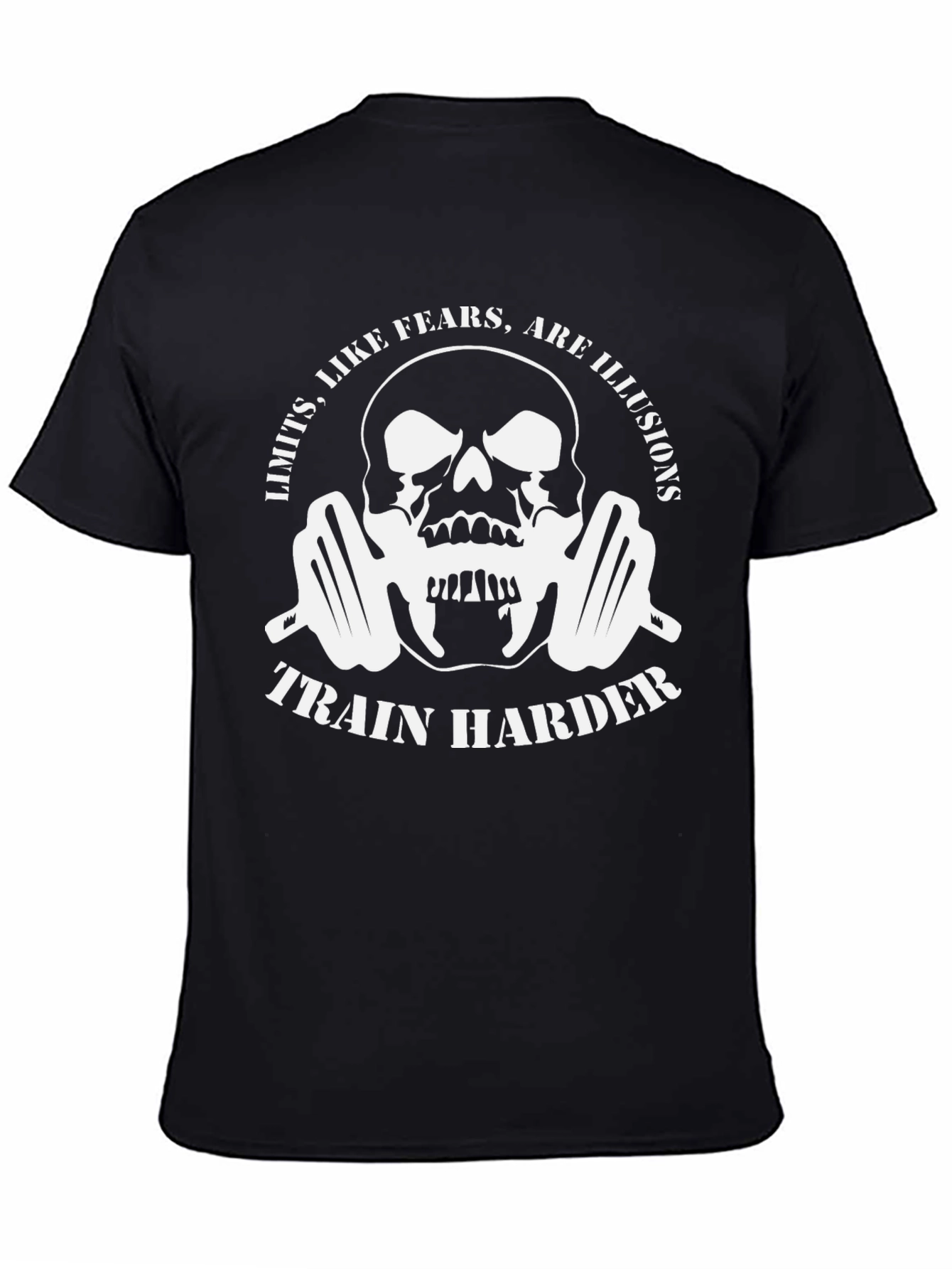 Train Harder Graphic T-Shirt - Skull & Barbell Design