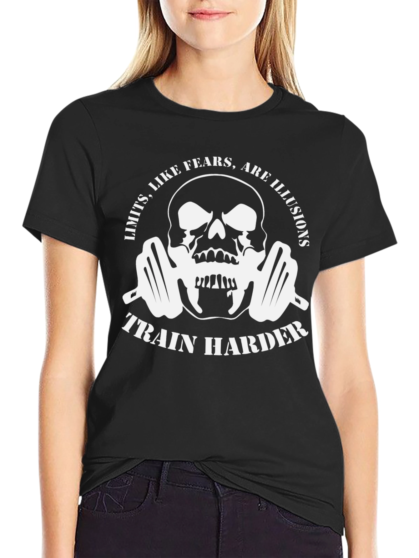 Train Harder Graphic T-Shirt - Skull & Barbell Design