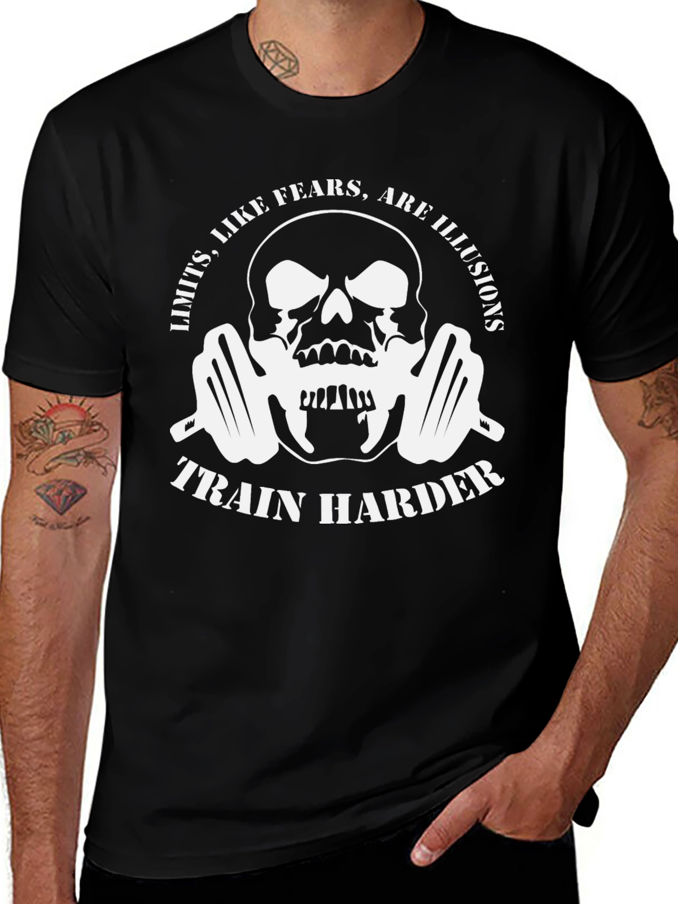 Train Harder Graphic T-Shirt - Skull & Barbell Design