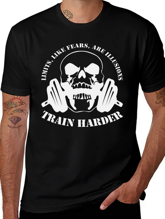 Train Harder Graphic T-Shirt - Skull & Barbell Design