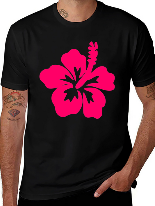 Black T-Shirt with Pink Hibiscus Flower Graphic